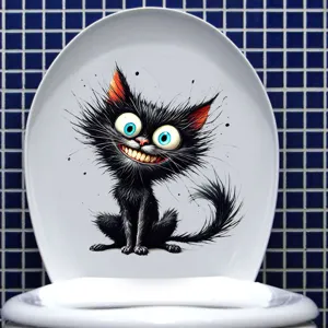 Detailansicht eines lustigen schwarzen Katzenaufklebers auf einem weißen Toilettendeckel