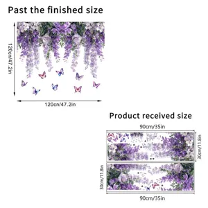 Detailed dimension chart showing finished size and received size for purple flower stickers