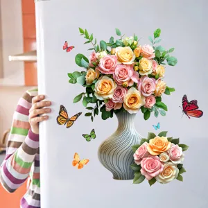 Detail van realistische 3D bloemenvaas en vlinder muurstickers op een oppervlak