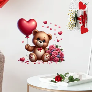 Waterdichte muursticker teddybeer met hartballon en rozen voor Valentijnsdecoratie