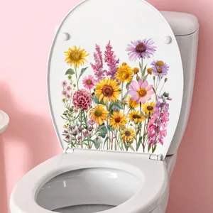 Gedetailleerde weergave van waterdichte sticker met zonnebloemen op toiletdeksel