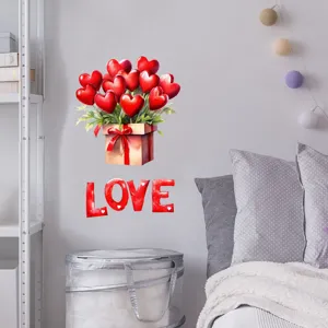 Detail showing Valentine's Day heart balloon wall sticker on a neutral gray bedroom wall