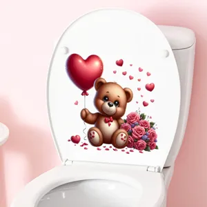 Mooie Valentijnsdag teddybeer toiletsticker met hartballon en rozen decoratie