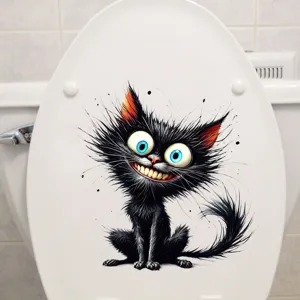 Lustiger schwarzer Katzen-Toilettenaufkleber mit verrücktem Grinsen und blauen Augen Deko