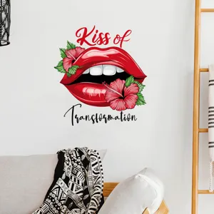 Detailed view of red lips and hibiscus flower wall sticker with transformation quote