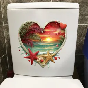 Detailed view of a waterproof heart-shaped beach sunset sticker applied to a white toilet.