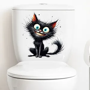Lustiger schwarzer Katzenaufkleber mit breitem Grinsen auf weißem Toilettenspülkasten