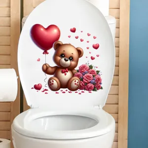 Detail van een schattige teddybeer met hartballon, waterdichte sticker voor toiletdeksel