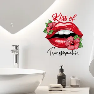 Decorative waterproof red lips and hibiscus flower wall sticker in a bathroom setting.