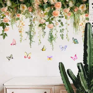 Floral rose vines and colorful butterflies self-adhesive wall stickers in a room.