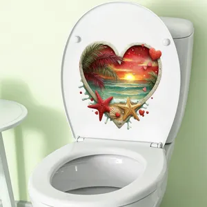 Detailed view of a 3D heart-shaped tropical beach sticker applied to a white toilet seat