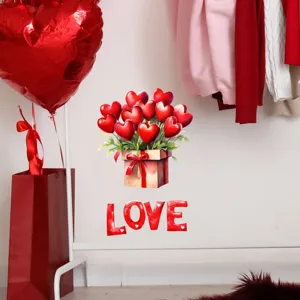 Red heart balloon gift box and LOVE wall decal for Valentine's Day home decoration