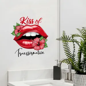 Detailed view of waterproof red lips wall sticker with hibiscus and text on white wall