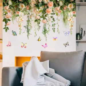 Detailed view of rose vines and butterflies wall stickers in a living room setting