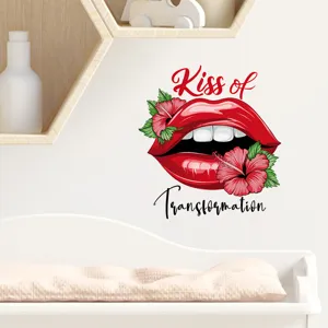 Vibrant red lips and pink hibiscus flower wall decal shown on a white nursery wall.