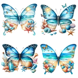 Set of four beach landscape butterfly wall stickers with shells and starfish details