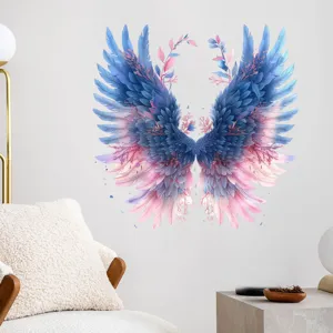 Bellissimo adesivo da parete con ali di piume e dettagli floreali rosa e blu in camera