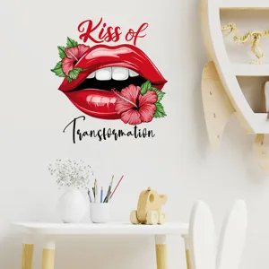 Detailed view of red lips wall sticker with hibiscus flower and quote