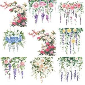 Close-up of various watercolor floral wall sticker designs with elegant hanging vines.
