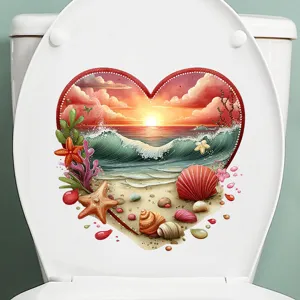 Waterproof heart-shaped beach sunset decorative sticker shown on white toilet lid