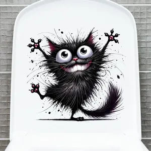 Lustiger schwarzer Katzen Toilettenaufkleber mit großen Augen für Badezimmer Deko.