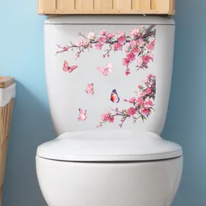 Detailed view of pink cherry blossom and butterfly waterproof toilet sticker decal