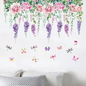 Watercolor pink peony floral wisteria and butterfly wall stickers for bedroom wall decor