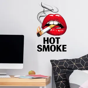 Artistic red lips with cigarette wall sticker, removable waterproof vinyl decal for room decor
