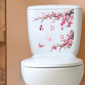 Vibrant pink plum blossom and butterflies waterproof toilet sticker decal detail view
