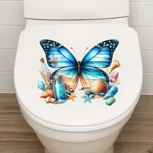 Coastal beach scenery butterfly waterproof toilet decal with shells and bottle detail.