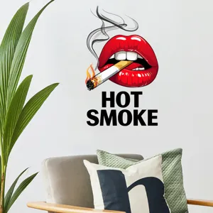 Modern pop art wall sticker featuring red lips biting a cigarette with HOT SMOKE text