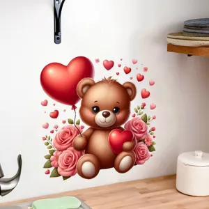 Detailweergave van een 3D Valentijnsdag beer muursticker met harten en rozen in de keuken