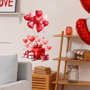 Valentine's Day wall sticker featuring red heart balloons and romantic gift boxes