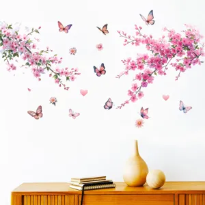 Vibrant pink peach blossom and colorful butterfly wall stickers for home decor