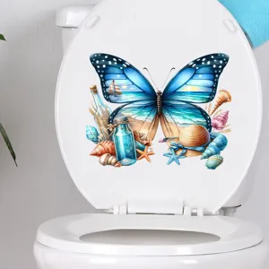 Vivid beach landscape butterfly waterproof sticker shown on a white toilet lid decoration