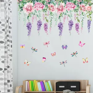 Floral wall stickers with pink peonies, wisteria vines, butterflies and dragonflies.