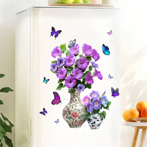 Gedetailleerde weergave van bloemenvaas en vlinderstickers op een witte koelkast