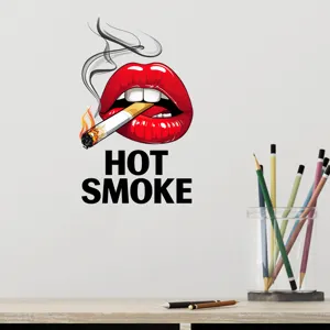Detailed close-up of sexy red lips and smoking cigarette wall sticker for home decor