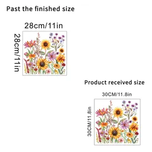 Vergelijking van de afmetingen van de zonnebloem muursticker met 28 cm en 30 cm maten.