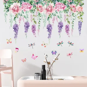 Vibrant floral wall decals with pink roses, purple wisteria and colorful butterflies.
