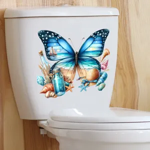 Detailed view of beach themed butterfly sticker applied on white toilet tank surface