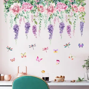 Watercolor floral wall stickers with pink roses, purple vines, and colorful butterflies