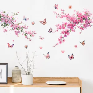 Delicate pink peach blossom and butterfly self-adhesive wall stickers for home decor