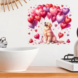 Detail showing a cute dog wall sticker with heart balloons in a bathroom setting