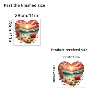 Detailed view of heart beach wall sticker comparing finished and received product dimensions