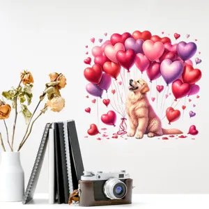 Scenario view of Valentine's wall decal with golden retriever and heart balloons