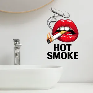 Red lips wall sticker with Hot Smoke text in a modern bathroom setting