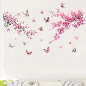 Elegant pink peach blossom branches and colorful butterflies wall decals on white wall