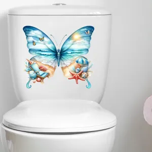 Butterfly beach landscape sticker applied on a white toilet cistern for decoration.