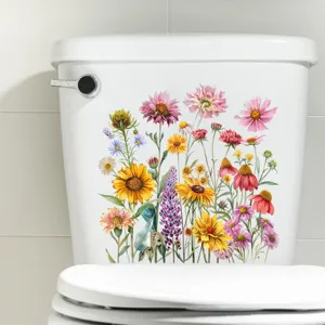 Kleurrijke aquarel zonnebloem en veldbloem sticker op een wit toiletreservoir